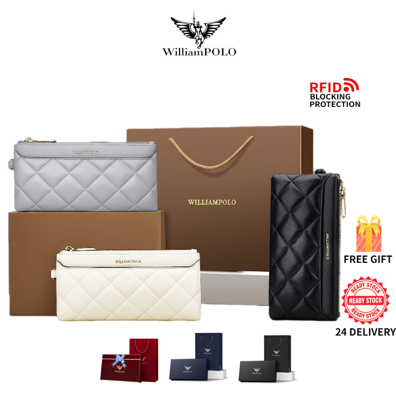 Ví dài nữ WilliamPOLO thiết kế họa tiết kim cương cao cấp, Túi điện thoại / ID sành điệu và đa năng 