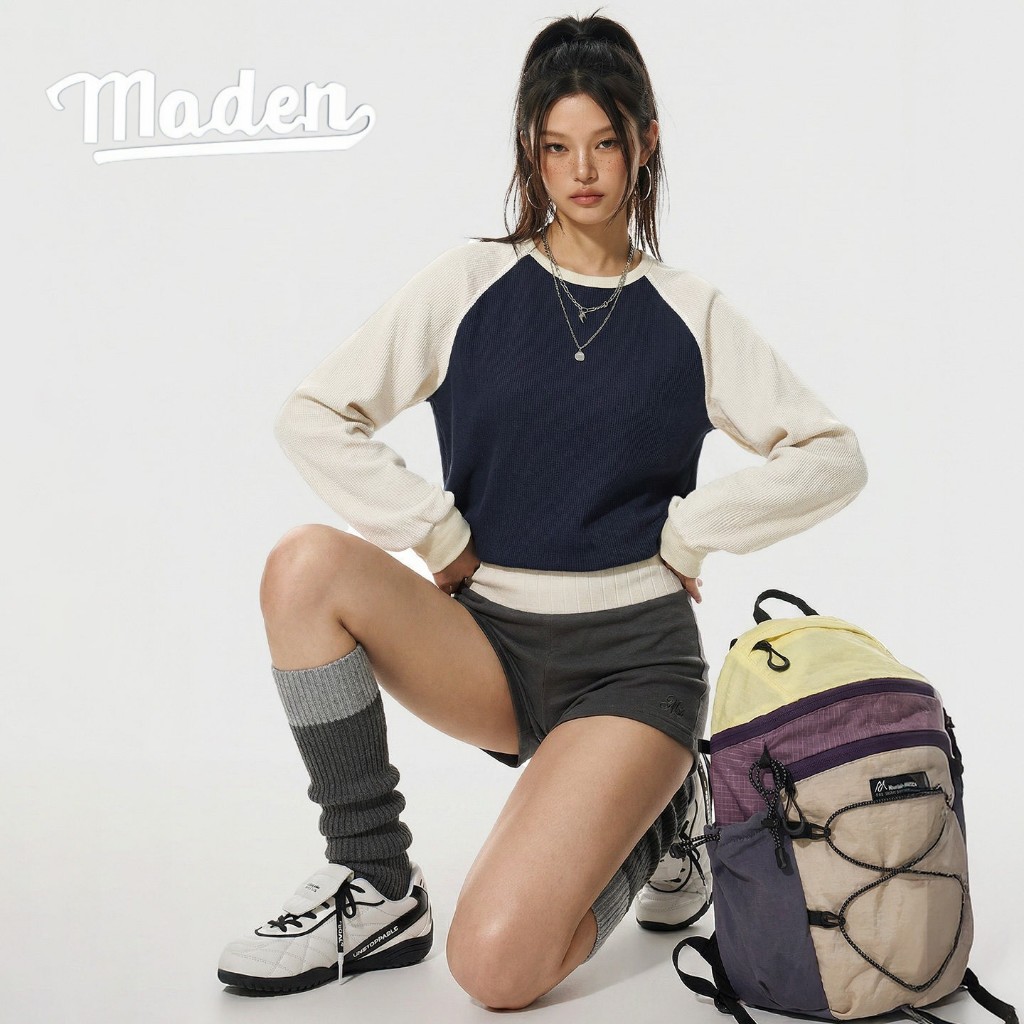 Maden Nữ Áo Waffle Retro Mùa Xuân, Cổ Tròn, Màu Xanh Trắng