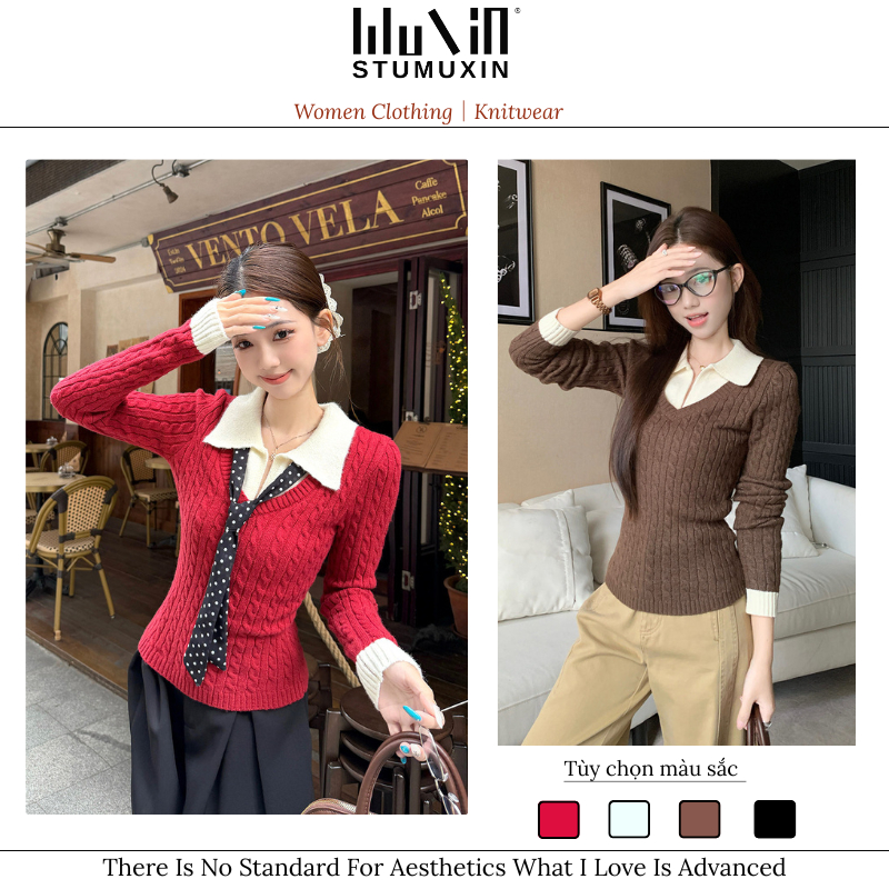 MUXIN Áo Len Dệt Kim Two-Piece cổ, Phong Cách Thu Đông