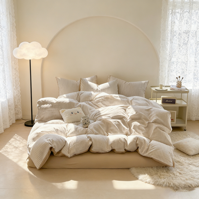 Bộ Ga Giường 4in1 Cotton Giặt Mềm, Sọc Be Tối Giản, Vỏ Chăn Mềm Nhẹ – Giường 1m2x2m, 1m4x2m, 1m6x2m,