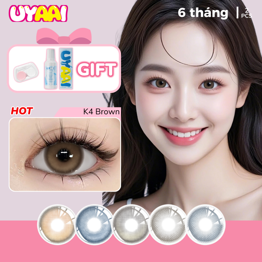 【 Mua 1 được 3 】Kính Áp tròng MCK1 UYAAI K4 Brown Lens Mắt, 1 Cặp Lens+60ml Nước Ngâm Len+1 Hộp đựng