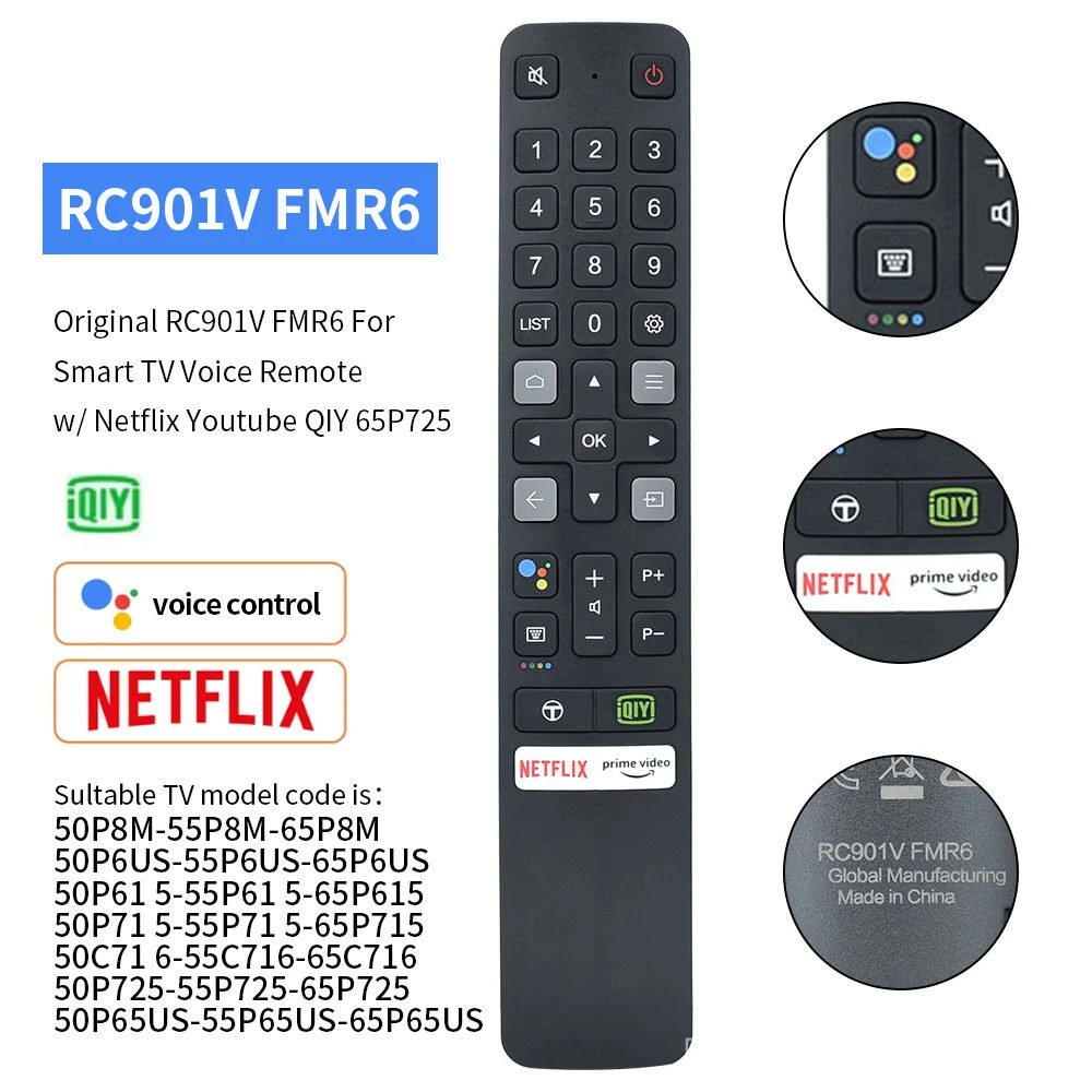 Được sử dụng cho TCL 50P717 RC901V FMR6 điều khiển từ xa bằng giọng nói TCL 55 inch 4K HDR Google TV
