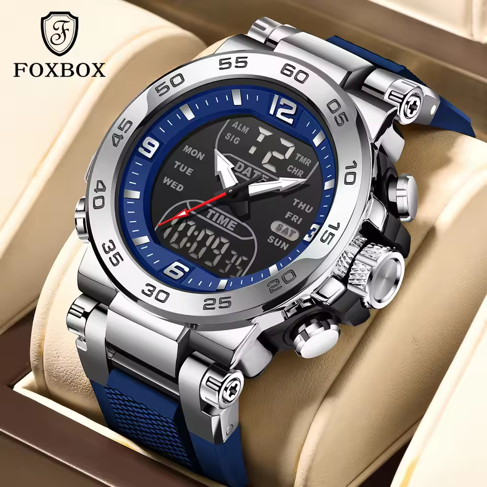 Đồng hồ kỹ thuật số FOXBOX Thời trang Màn hình kép Silicone chống nước Ngày thể thao LED Đồng hồ nam