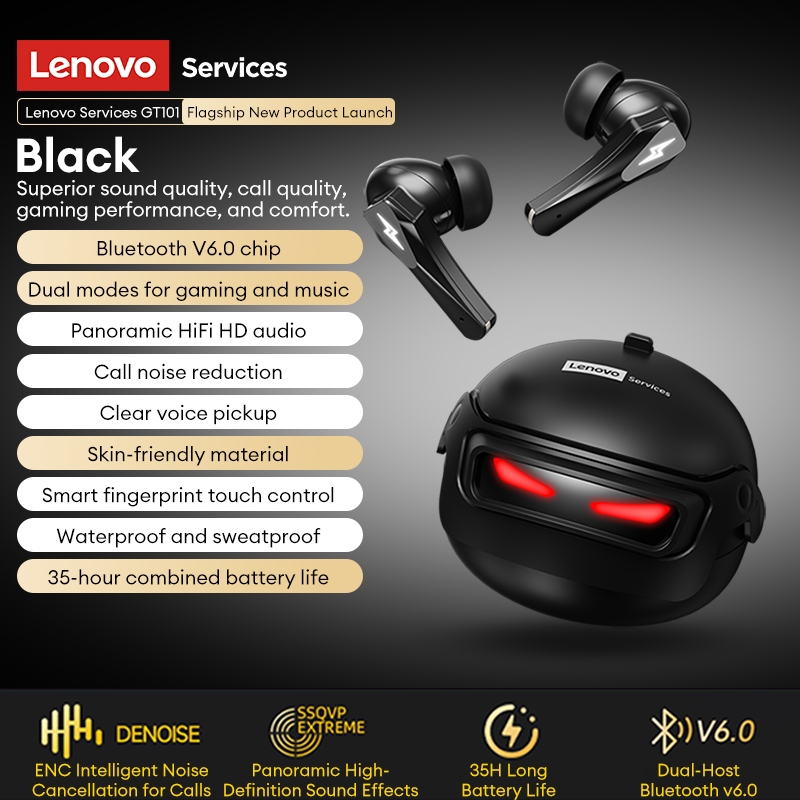Tai nghe chơi game không dây Lenovo GT101 Bluetooth 6.0 có độ trễ thấp 45ms và thời gian chơi 30h cộng với âm thanh vòm 3D | BigBuy360 - bigbuy360.vn