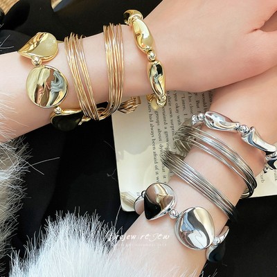 DREJEW 3pcs Vòng Tay Kim Loại Nữ Vàng Bạc Tông Màu Chunky Thiết Kế Tối Giản Thời Trang Hàng Ngày Hợp Thời Trang Phụ Kiện Cổ Tay