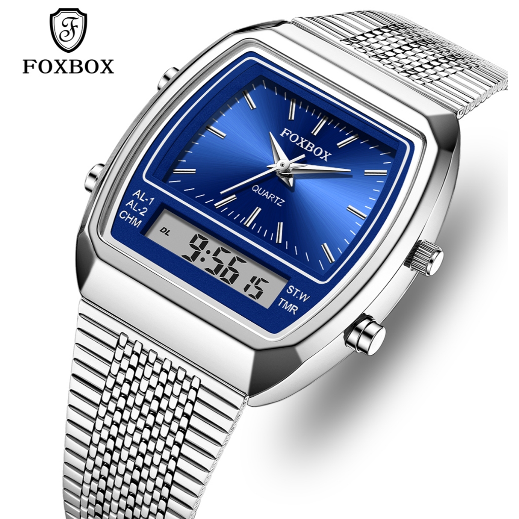 Foxbox Đồng Hồ Thời Trang Nam Dây Thép Thạch Anh Thể Thao Thời Gian Kép Tuần Hiển Thị Đồng Hồ Đeo Ta