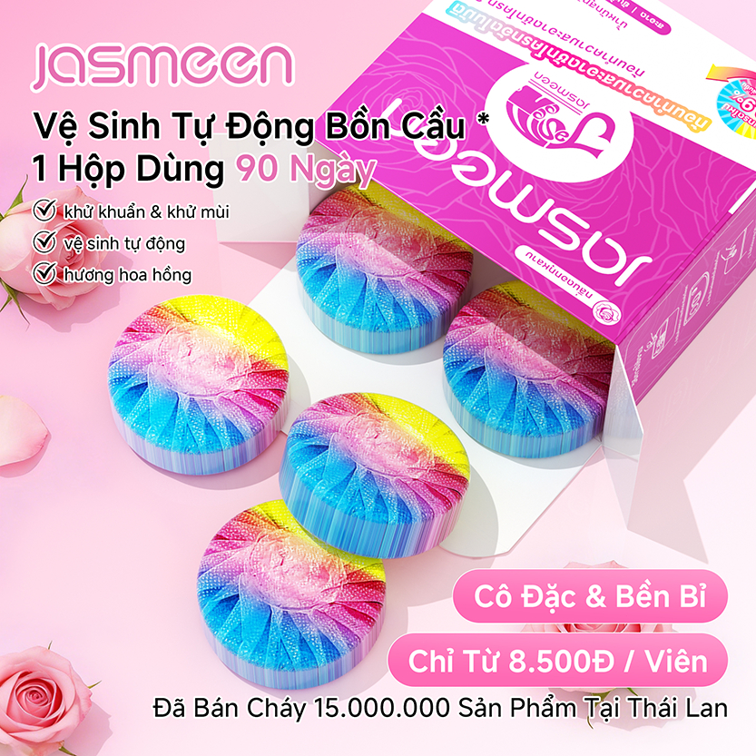Viên Thả Bồn Cầu JASMEEN 3 Màu Hương Hoa Hồng - Tự Động Vệ Sinh & Khử Khuẩn, 1 Hộp Dùng 90 Ngày