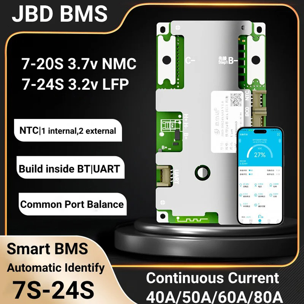 JiaBaiDa Smart BMS 7S 8S 24V 10S 12S 36V 13S 14S 16S 48V 20S 24S Li-ion LiFePo4 JBD Bms Balance BT