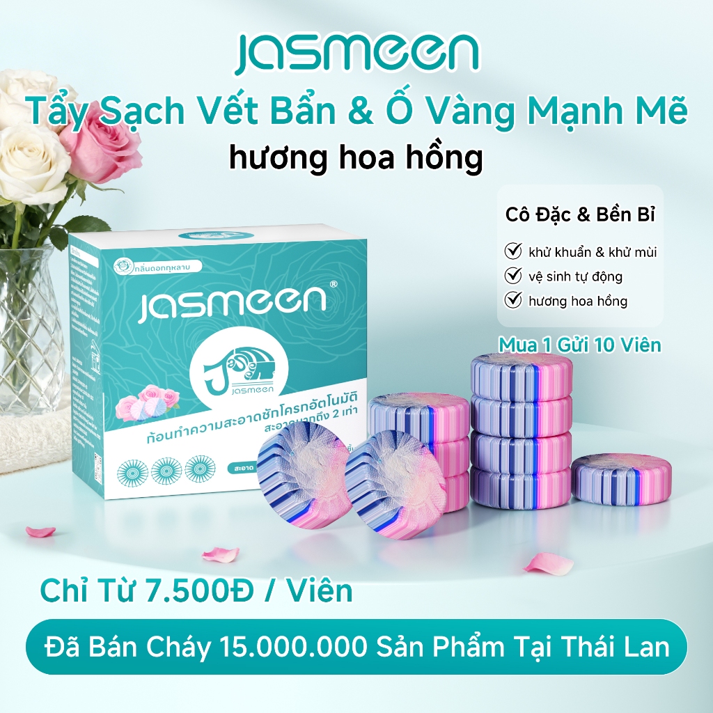 Viên Thả Bồn Cầu Thơm JASMEEN 2 Màu Hương Hoa Hồng - Cô Đặc & Bền Bỉ, Tẩy Sạch Vết Bẩn & Ố Vàng Mạnh Mẽ, Mua 1 Gửi 10 Viên