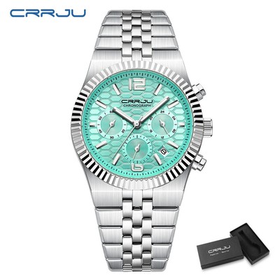 CRRJU 2323 Đồng hồ thạch anh nam bằng thép không gỉ sang trọng hàng đầu có lịch ngày tự động Thiết kế dễ dàng Đồng hồ Chronograph chống nước Đèn ngủ