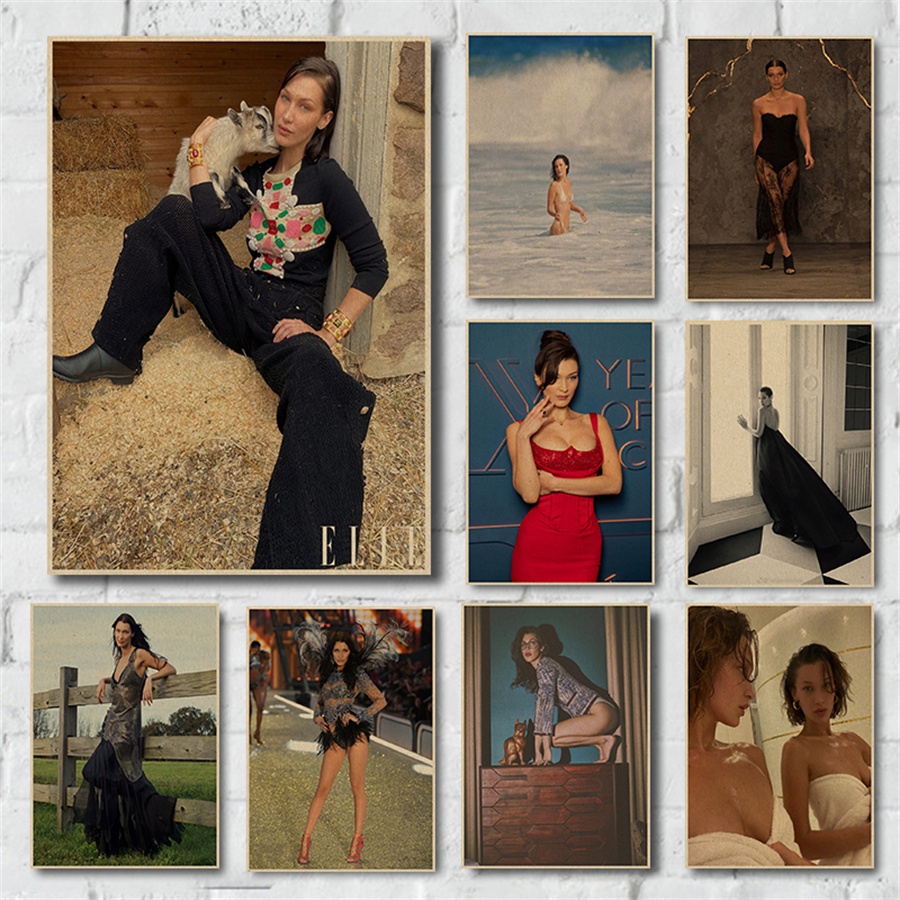 Bella Hadid Tranh Poster Retro Giấy Kraft Ký Túc Xá Phòng Treo Tường Nghệ Thuật Trang Trí Nhà Poster