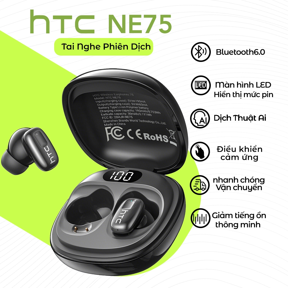 HTC NE75 AI Thông Minh Dịch Thời Gian Thực Tai Nghe Bluetooth Khử Tiếng Ồn Tai Nghe Không Dây HiFi Âm Nhạc HD Gọi Có Micro Bluetooth 6.0 | BigBuy360 - bigbuy360.vn
