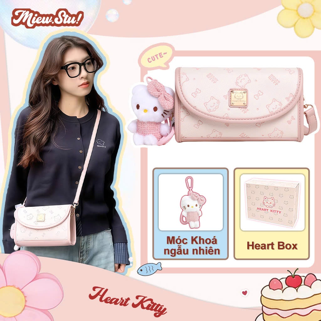 [HÀNG CÓ SẴN FULL HỘP] Meiw.stu Túi đeo chéo/kẹp nách màu Hồng Pastel, họa tiết mèo Heart Kitty kèm gấu size 20cm – siêu xinh xắn dễ thương, quà tặng bạn gái – 8020