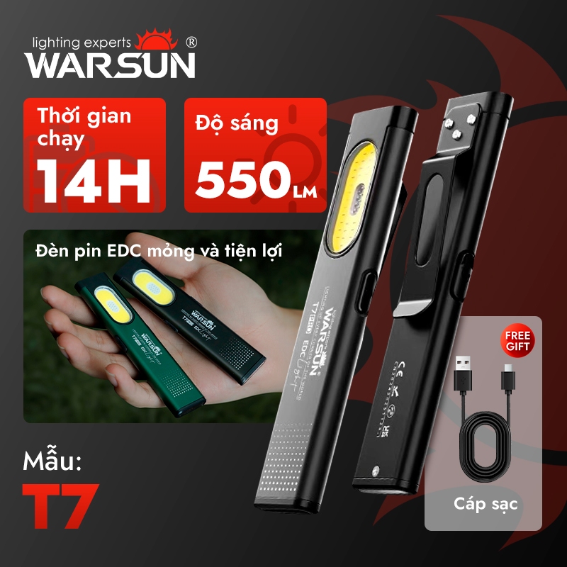 Đèn pin Warsun T7 EDC USB-C sạc lại được, đèn LED mini di động, chức năng từ tính