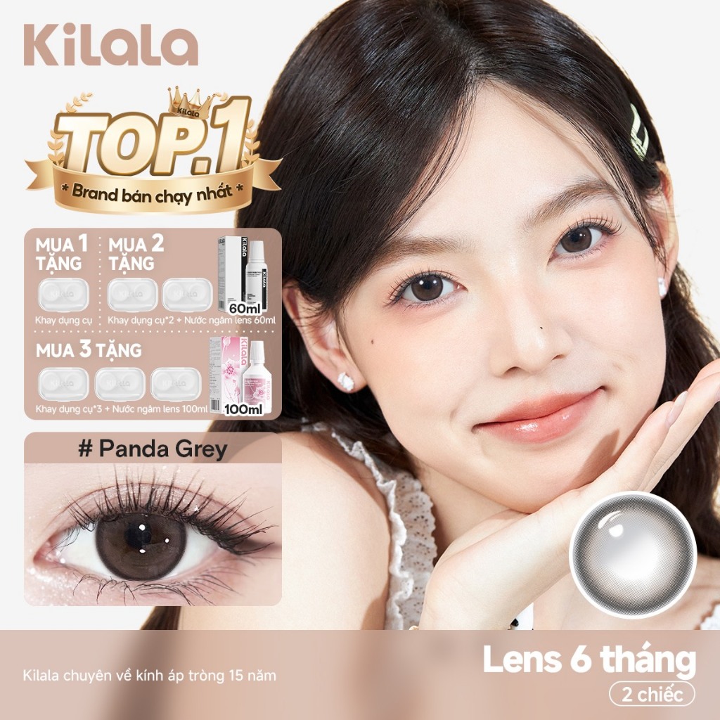Kính áp tròng Kilala màu xám Panda Grey lens cận 6 tháng DIA 14.5mm có độ (0-8) 1 cặp