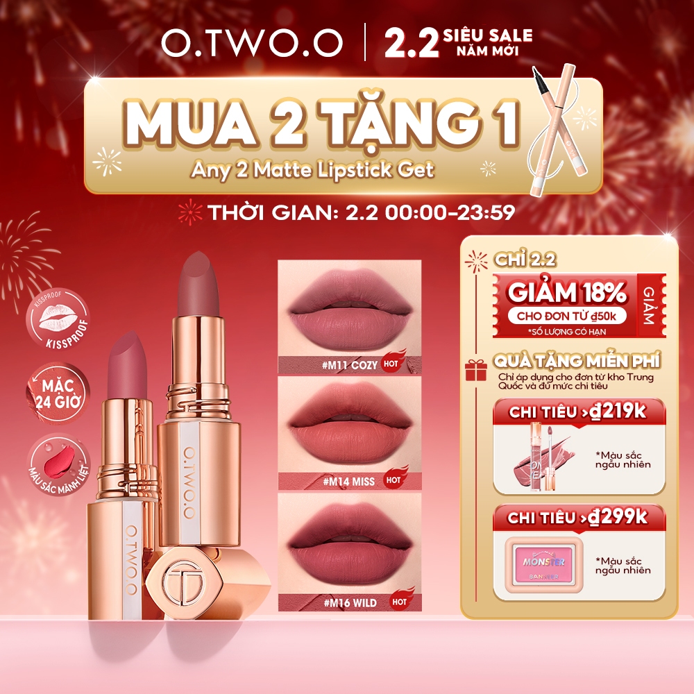 Thỏi son lì O.TWO.O nhung mịn lâu trôi không thấm nước chống khô 8 màu tùy chọn 39g