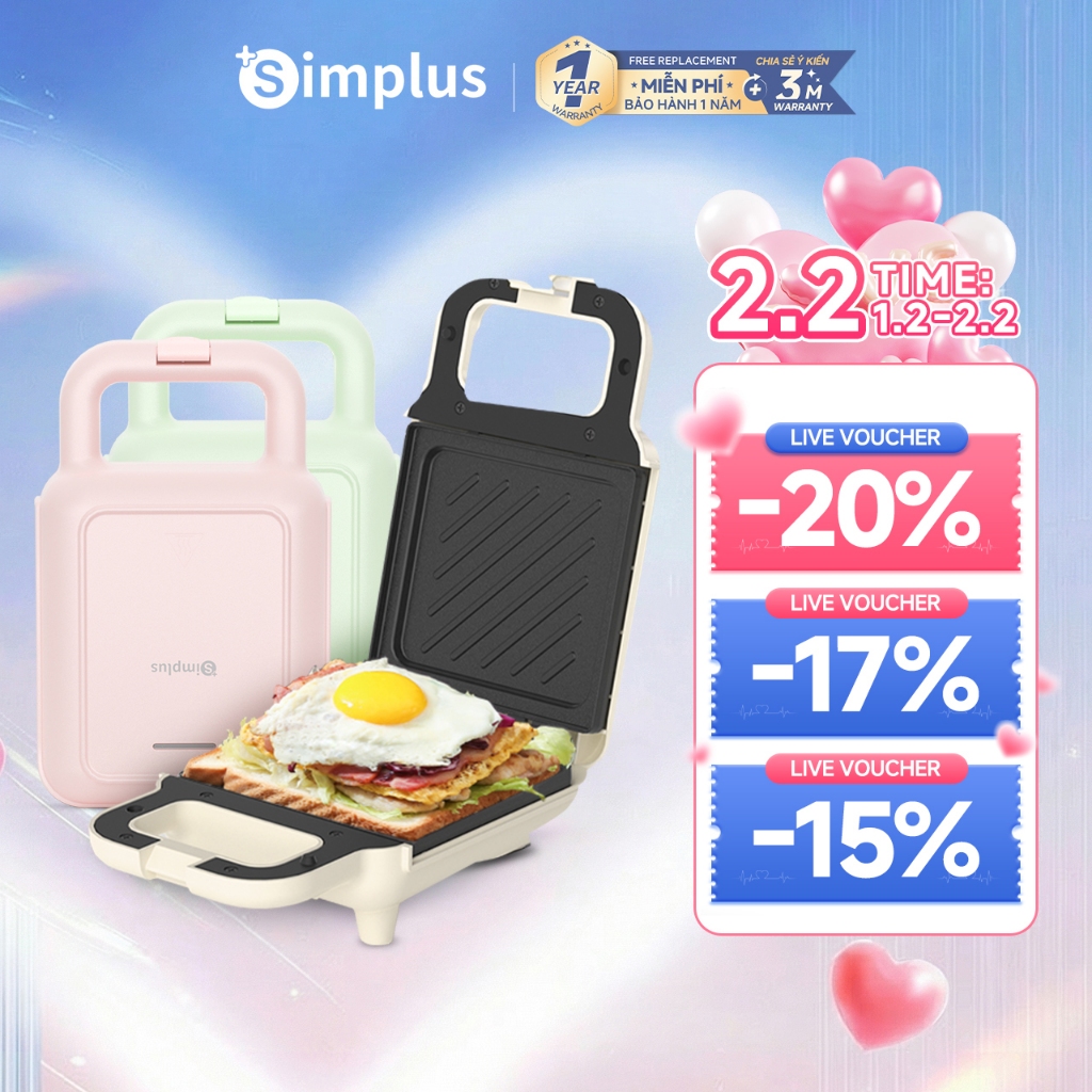 Simplus SMZJ001 - Máy Nướng Kẹp Bánh Mì 2 Mặt, 6 Cấp Độ Nướng, Chống Dính, Màu Hồng và Xanh Lá