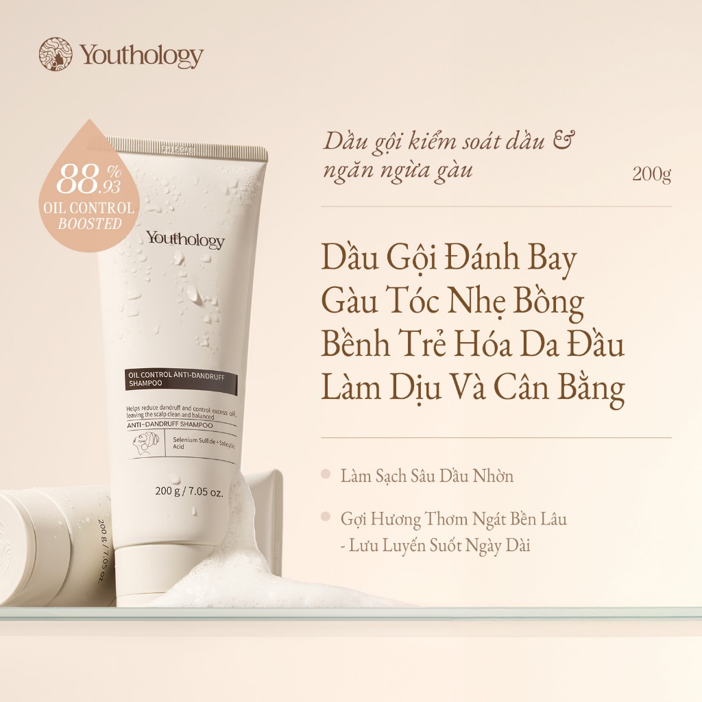 Youthology Dầu Gội Trị Gàu 200g - Kiểm Soát Dầu, Giảm Ngứa Da Đầu, Sạch Gàu, Thơm Lâu