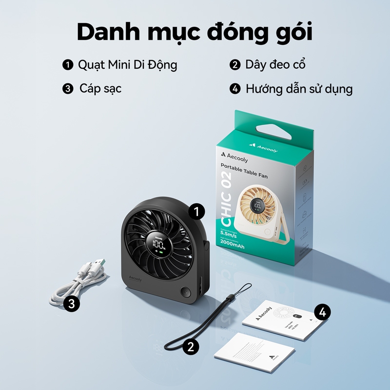 Aecooly Chic 02 Quạt để bàn Quạt cầm tay mini Quạt để bàn USB led mini Quạt di động mini, đủ nhỏ để giữ quạt để bàn USB, 4 tốc độ có thể sạc lại yên tĩnh [Thời gian làm mát tối đa 11H], 180° Chạy bằng pin có thể điều chỉnh | BigBuy360 - bigbuy360.vn