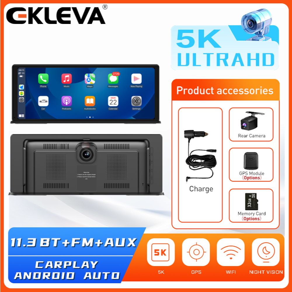 EKLEVA 5K Dash Cam 11.3 "Màn hình cảm ứng Camera ô tô 5G WiFi Không dây CarPlay & Android Tự động gh