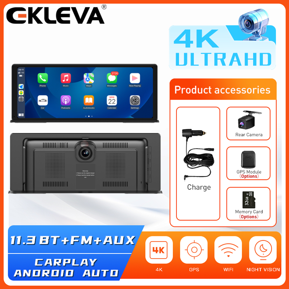 Ekleva 11.3 "Carplay không dây DVR xe hơi 4K Dash Cam Android tự động Ai Màn hình Dual Len 1080P Cam
