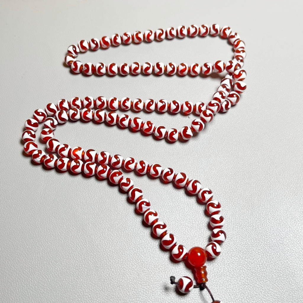 Tây Tạng Boutique Đỏ - Vòng cổ dài 108 hạt Dzi ba mắt 8mm, phụ kiện DIY