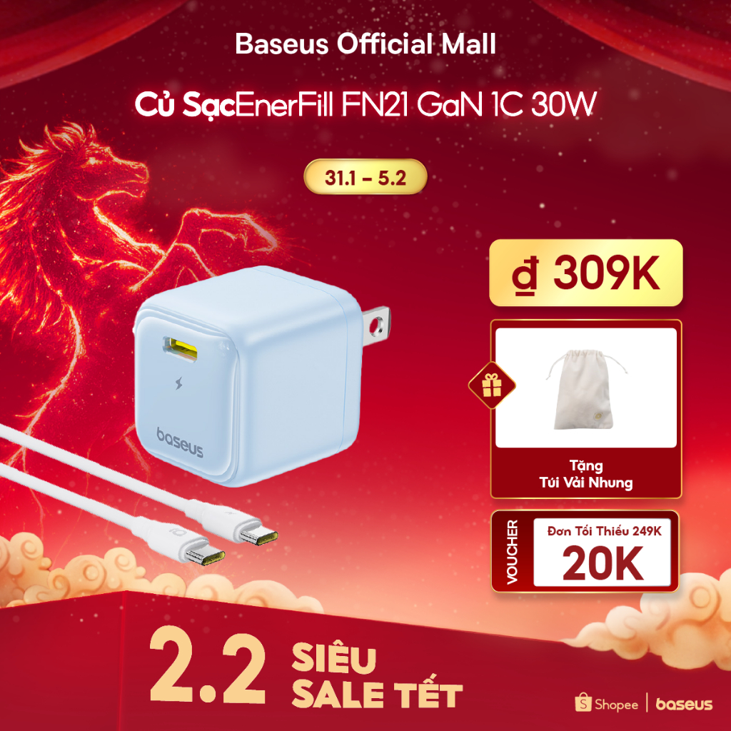 Combo Củ Sạc Nhanh  Baseus GaN 30W FN21 Kèm Dây Type-C PD 30W, Kiểm Soát Nhiệt Thông Minh, Size Nhỏ 