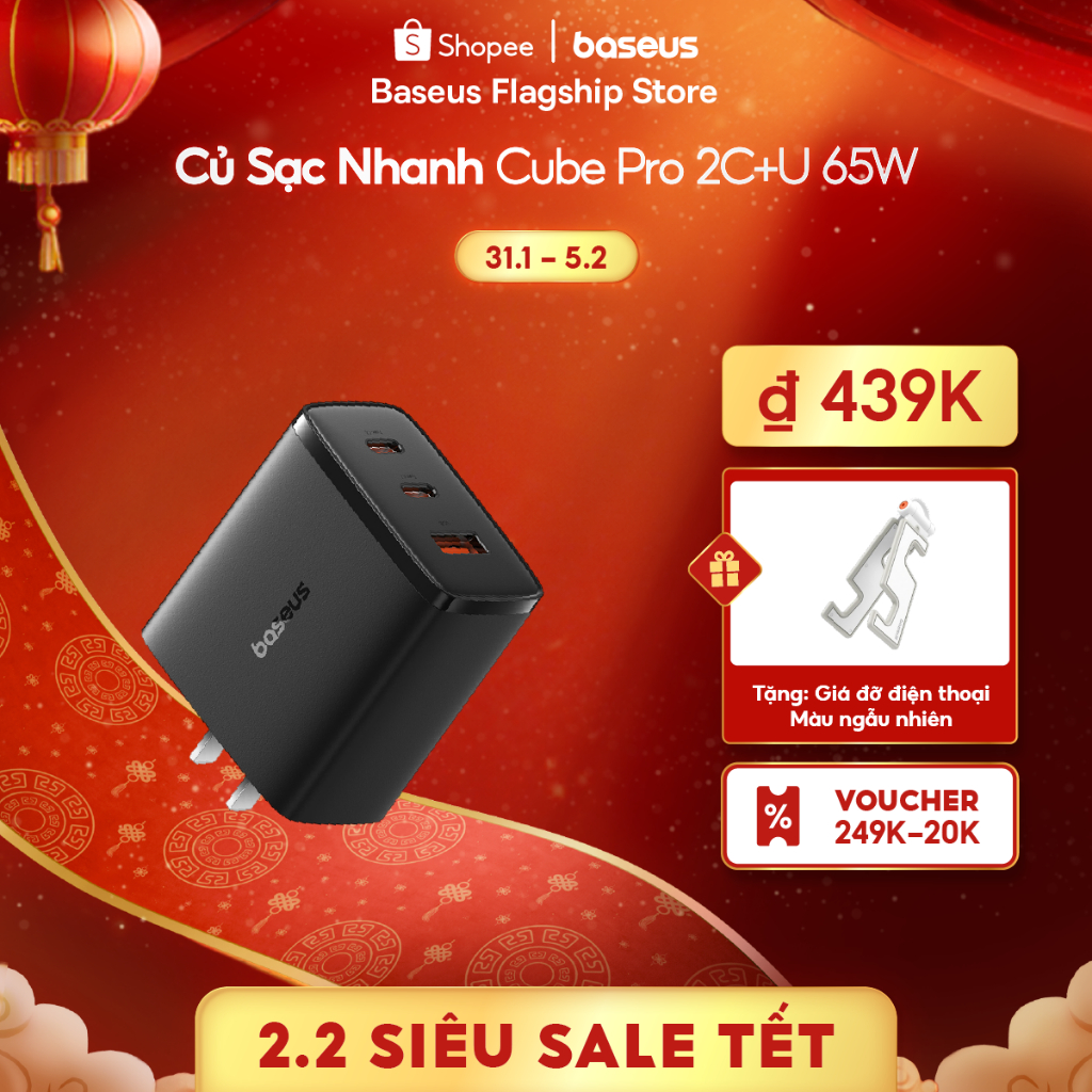 Bộ sạc USB Type C sạc nhanh Baseus 65W GaN cho máy tính xách tay, forTablets