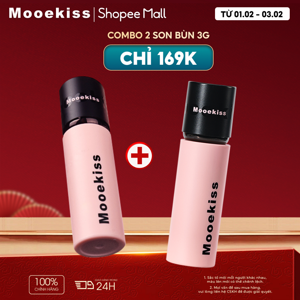 Combo 2 Son Mooekiss Lip Mud Cloudy Matte Lipstick Matte Velvet Màu khỏa thân Gói kết hợp cốc chống 