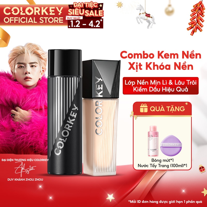 COLORKEY Combo 1 Kem Nền 30g + 1 Xịt Khóa Trang Điểm 100ml – Combo Makeup Mịn Lì, Lâu Trôi