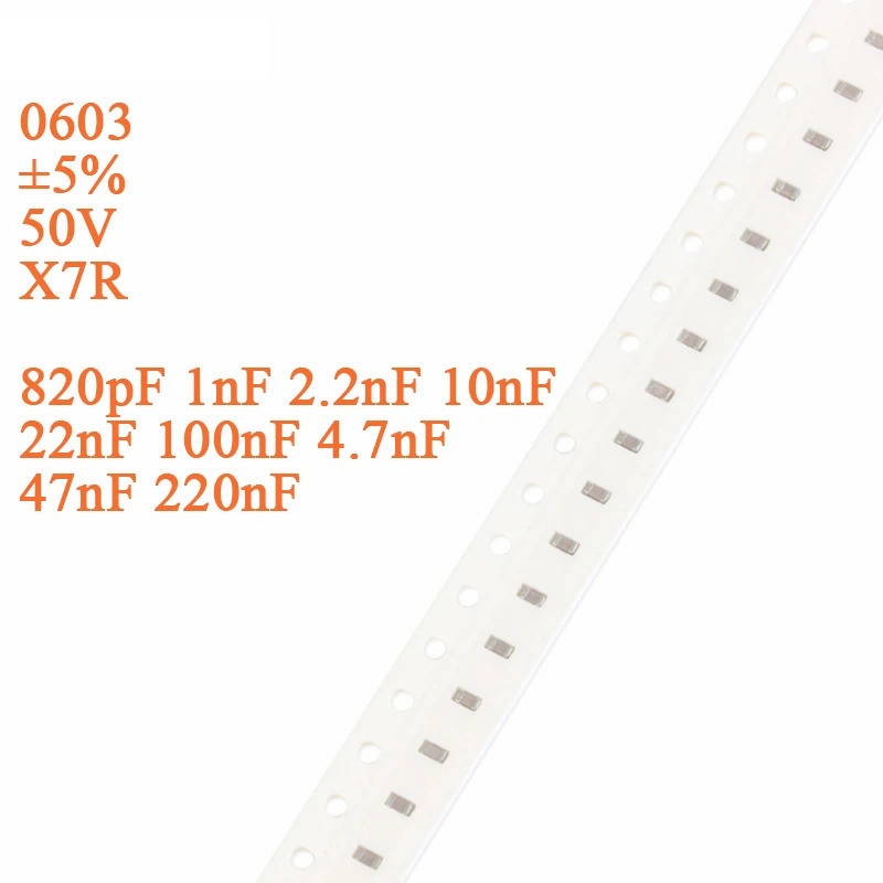 100 Chiếc Tụ Điện 0603 SMD Tụ Điện ± 5% 50V X7R 820pF 1nF 2.2nF 4.7nF 10nF 22nF 47nF 100nF 220nF