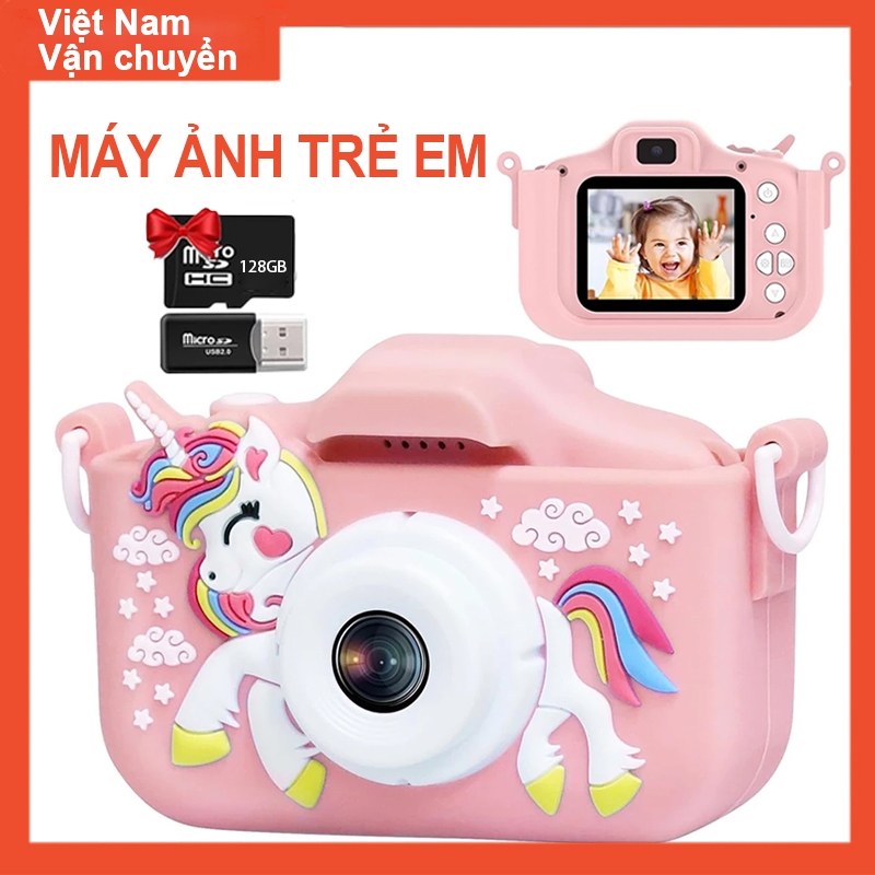 Camera Mini trẻ em, Camera kỹ thuật số trẻ em 1080P với thẻ TF 128GB, Túi đựng máy ảnh kỳ lân / Video HD / 5 trò chơi giáo dục / Camera trẻ em Zoom 8x cho bé gái và bé trai, Camera kỹ thuật số trẻ em, Sinh nhật