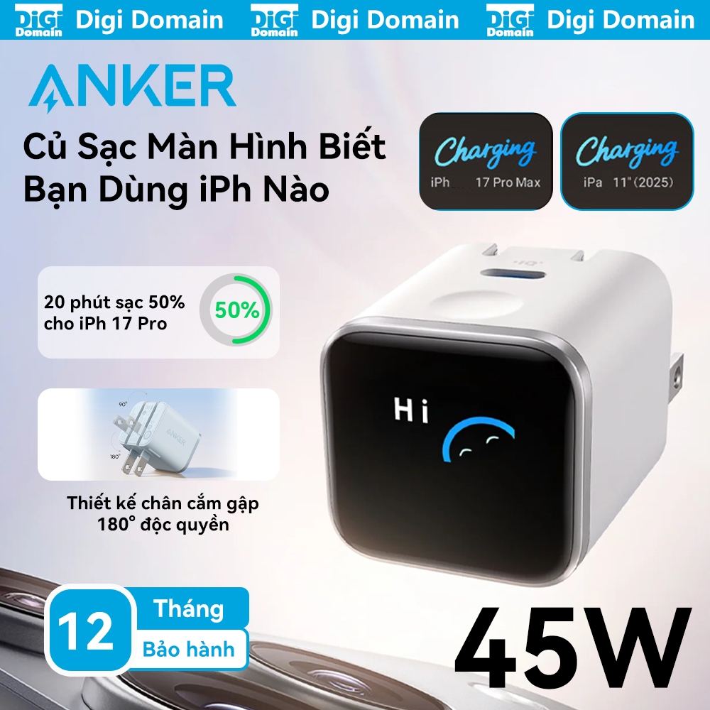 Anker Nano 45W Củ sạcTFT thông minh - Củ sạc nhanh với màn hình thông minh nhận dạng thiết bị của bạ