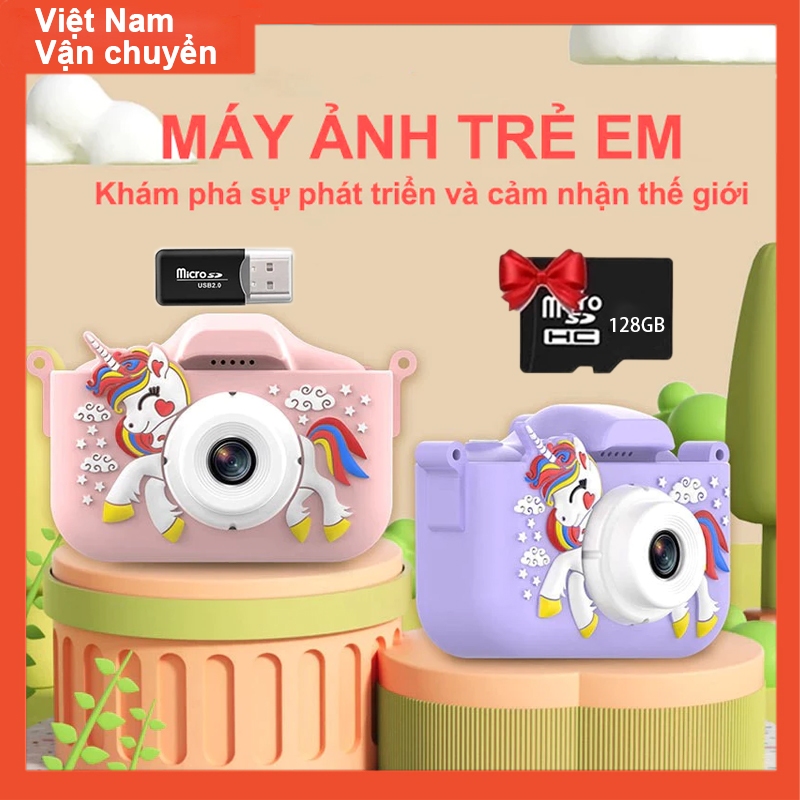 Camera Mini trẻ em, Camera kỹ thuật số trẻ em 1080P với thẻ TF 128GB, Túi đựng máy ảnh kỳ lân / Video HD / 5 trò chơi giáo dục / Camera trẻ em Zoom 8x cho bé gái và bé trai, Camera kỹ thuật số trẻ em, Sinh nhật