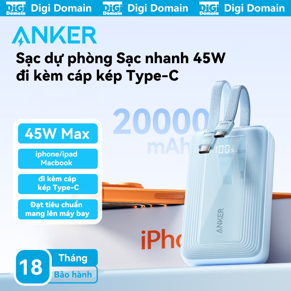 【Chứng nhận CCC】Sạc dự phòng Anker Zolo 20,000mAh 45W cung cấp sạc công suất cao, siêu nhanh và bao gồm hai cáp Type-C