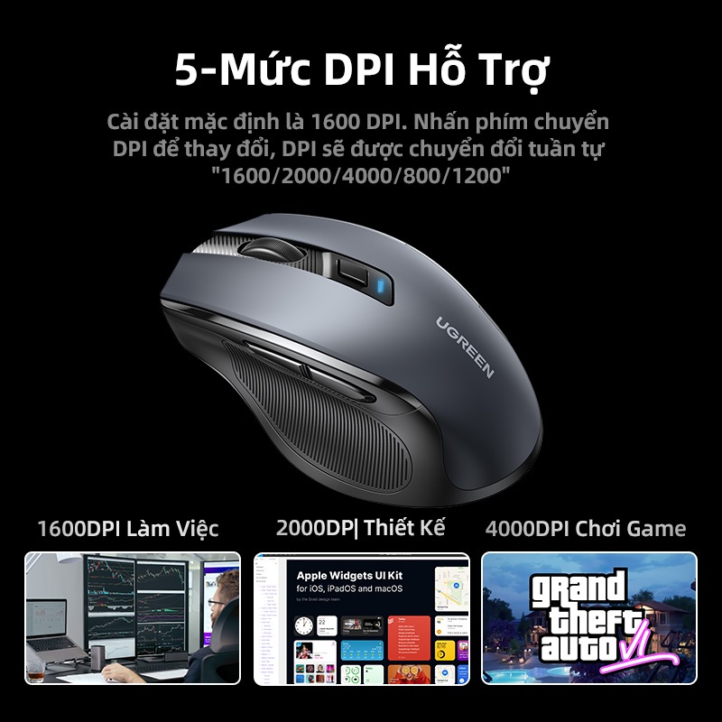 Chuột không dây UGREEN 6 nút bấm 5 cấp độ DPI 4000DPI 2.4G thích hợp cho máy tính / Mac / Linux / Laptop | BigBuy360 - bigbuy360.vn
