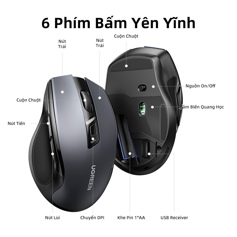Chuột không dây UGREEN 6 nút bấm 5 cấp độ DPI 4000DPI 2.4G thích hợp cho máy tính / Mac / Linux / Laptop | BigBuy360 - bigbuy360.vn