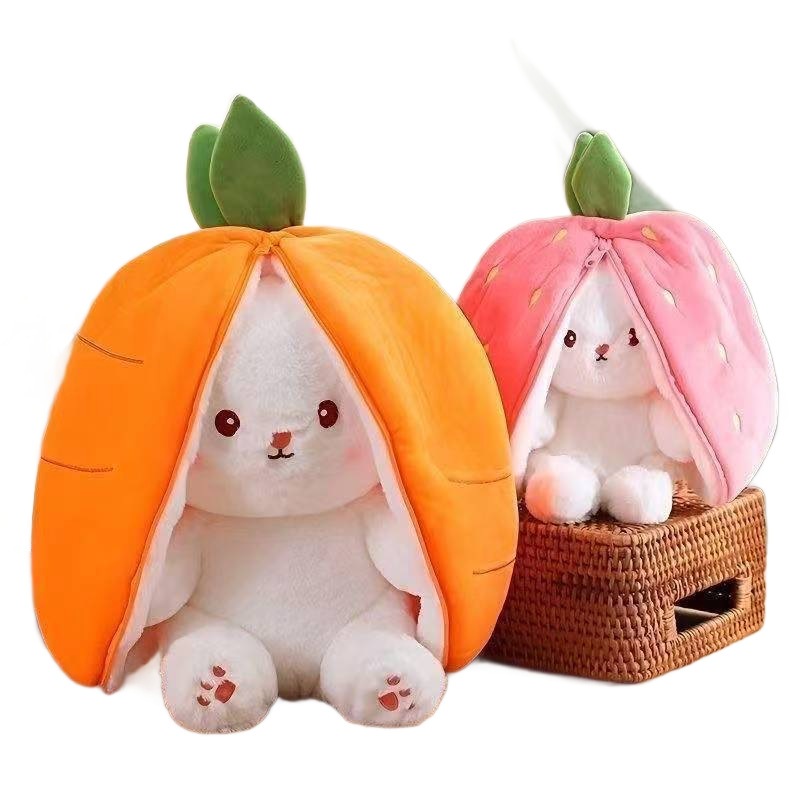 Bộ đồ nhồi bông thỏ cà rốt và vỏ dâu hai dạng - Búp bê thỏ dễ thương Peekaboo, Đồ chơi nhồi bông siê
