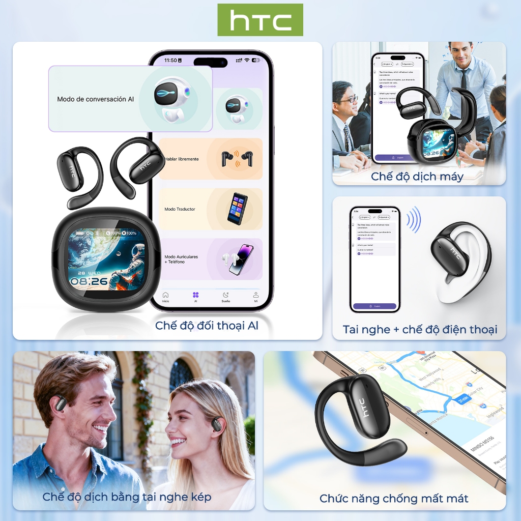 HTC NE58 AI Translator Tai nghe Bluetooth 6.0 HiFi Sound Tai nghe mở tai có màn hình cảm ứng | BigBuy360 - bigbuy360.vn