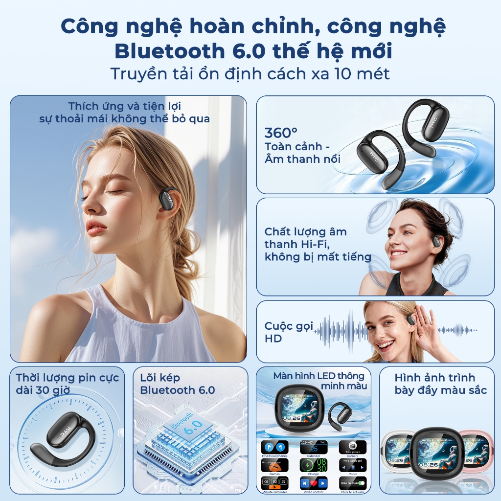 HTC NE58 AI Translator Tai nghe Bluetooth 6.0 HiFi Sound Tai nghe mở tai có màn hình cảm ứng | BigBuy360 - bigbuy360.vn