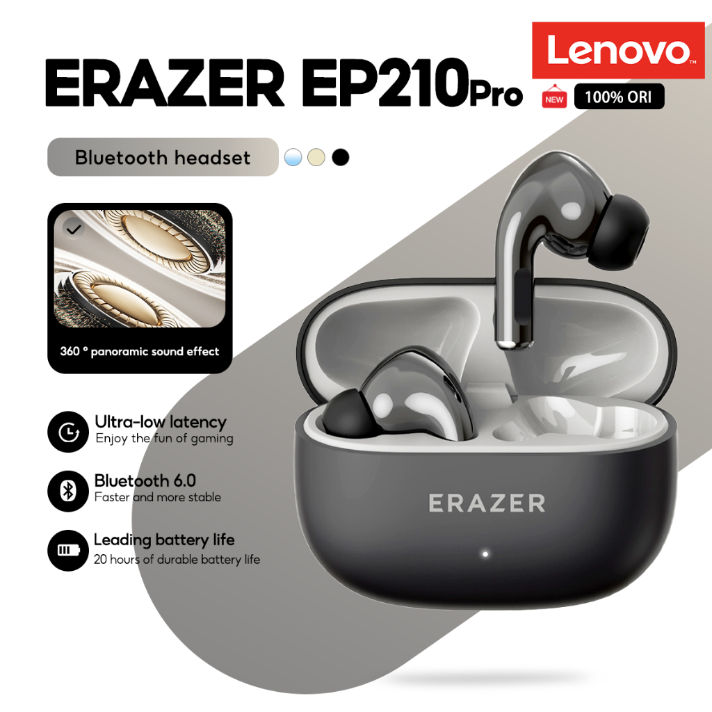 Tai nghe Bluetooth không dây đích thực Lenovo ERAZER EP210 Pro - Bluetooth 6.0, Tai nghe chơi game có độ trễ siêu thấp, 360° Âm thanh toàn cảnh, tuổi thọ pin dài 20H