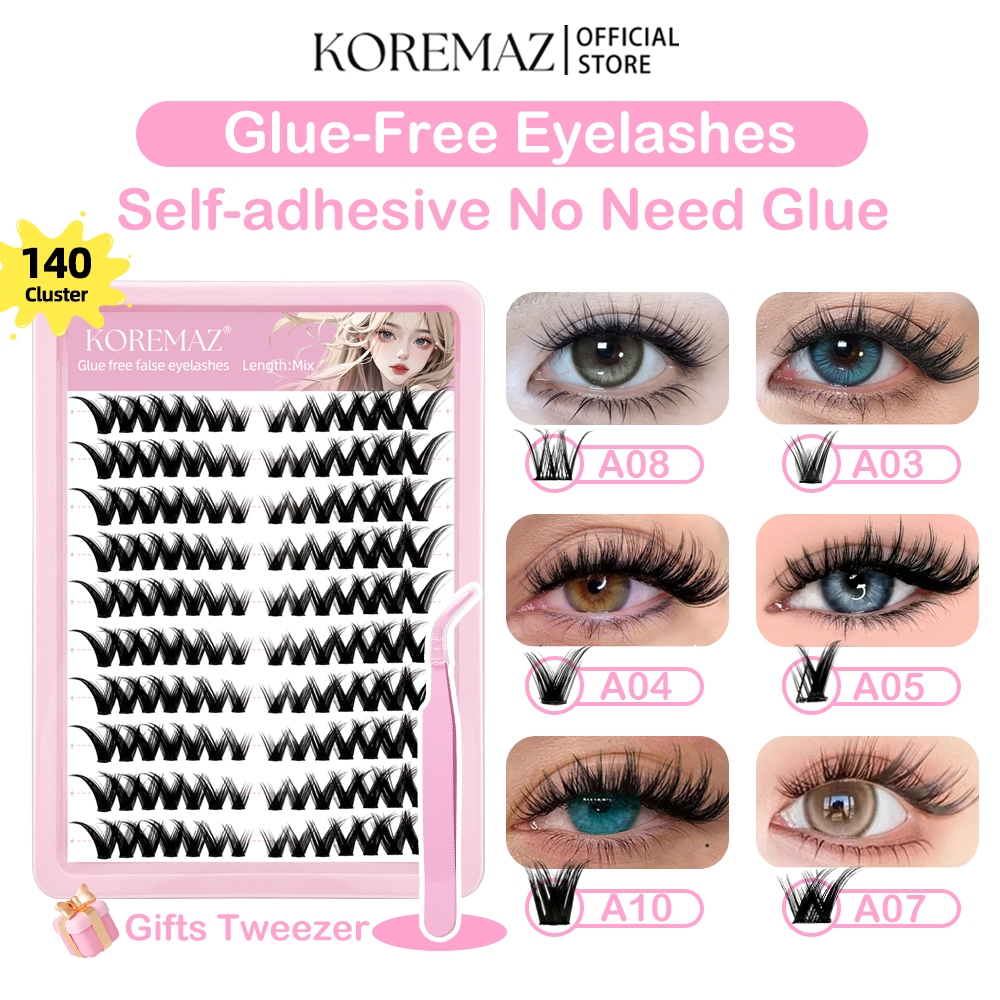 KOREMAZ Lông mi giả không có keo-Mũa tự nhiên dày mềm mại không keo DIY Cụm lông mi có thể tái sử dụ