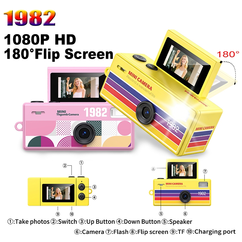 Camera mini màn hình lật cỡ ngón tay cái, Camera kỹ thuật số mini 1080P HD di động cổ điển, Máy quay bỏ túi nhỏ với 180° Lật