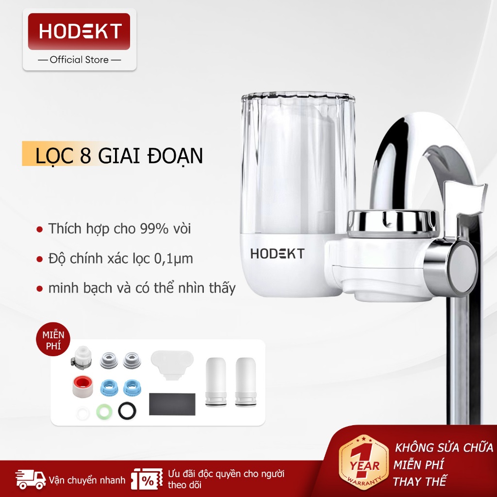 Đầu Lọc Nước Tại Vòi HODEKT 8 Tầng Lọc Chính Xác 0.1μm Chế Độ 2 Dòng Nước Phù Hợp 99% Vòi