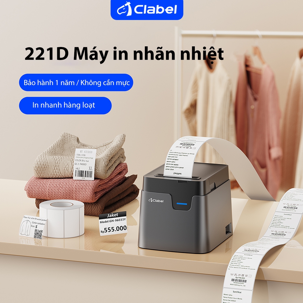 Clabel 221D/321D Máy in mã vạch nhiệt  Máy in nhãn Bluetooth Thích hợp để in thẻ giá, mã vạch, nhãn hộp