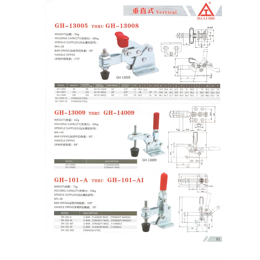 ‌Kẹp chuyển đổi phát hành nhanh dọc DALISHI, Model GH 101E 101A 102B 12130 101D 101B, Dung tích giữ 