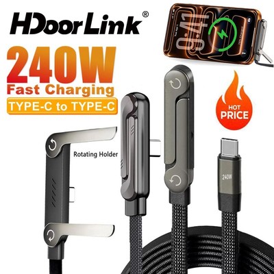 Cáp sạc nhanh HdoorLink 2 TRONG 1 240W có giá đỡ điện thoại di động có thể gập lại Cáp Type-C sang Type-C 90 ° Cáp dữ liệu khuỷu tay cho máy tính bảng điện thoại