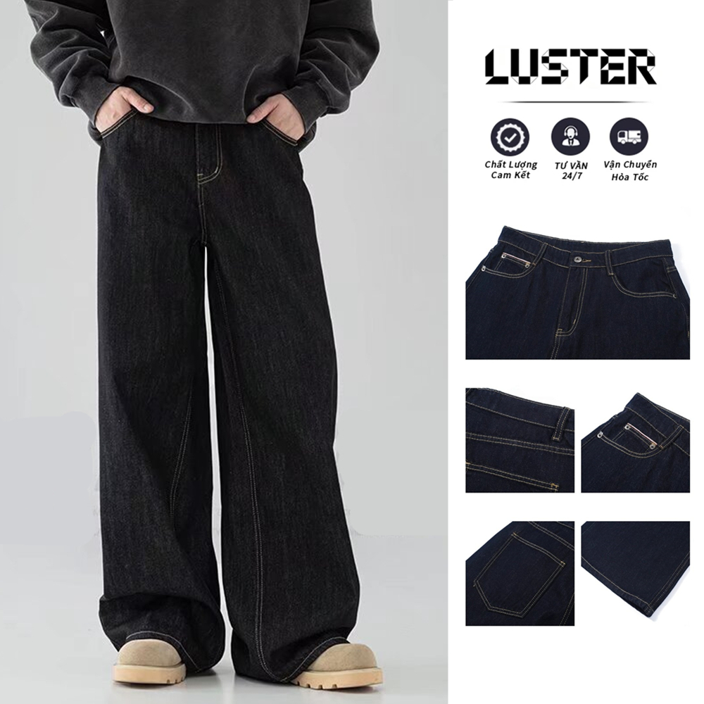 LUSTER Mỹ Denim Đen Quần Jean Nam Retro baggy Thẳng Rời Thường Ngày Màu Cơ Bản Quần Ống Rộng NJ215