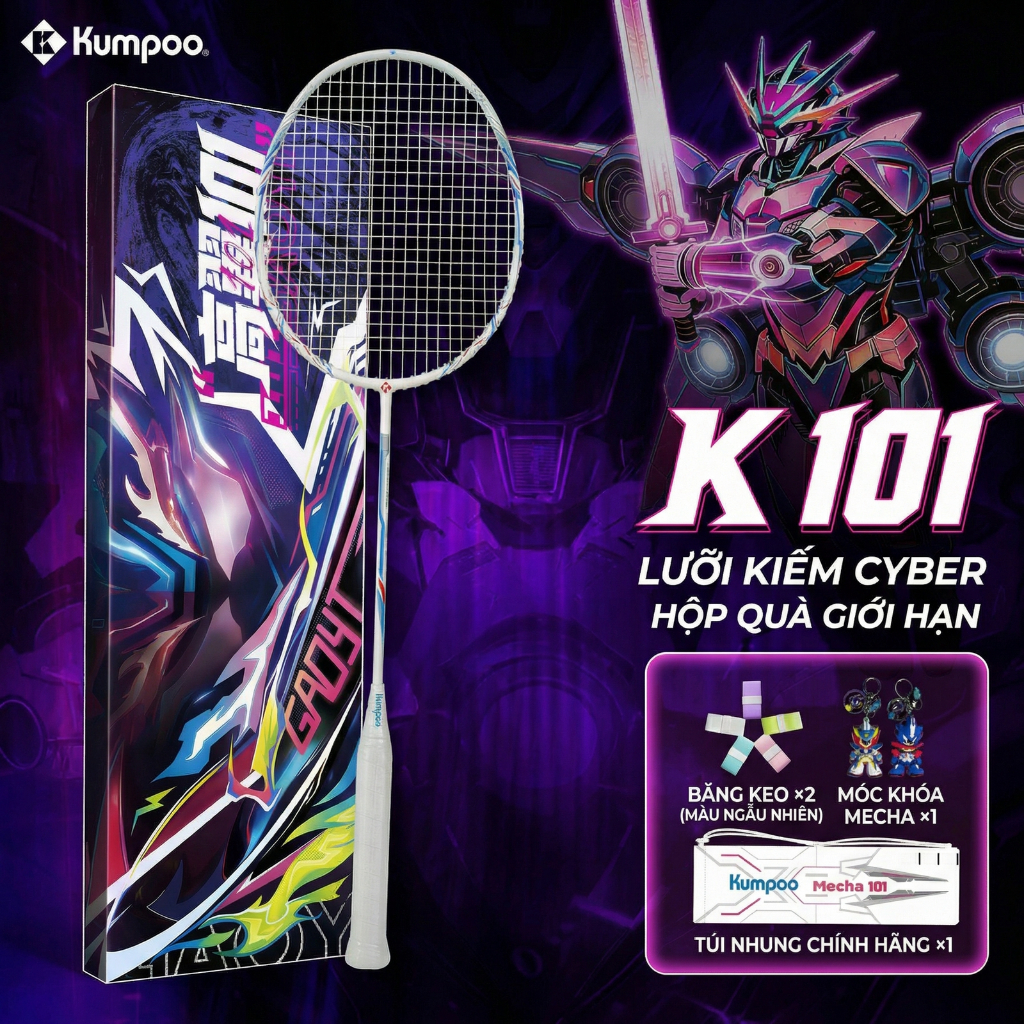 Vợt cầu lông Kumpoo K101 Pro - Bộ quà tặng bao gồm vợt carbon siêu nhẹ, túi đựng, kẹp tap và móc khó