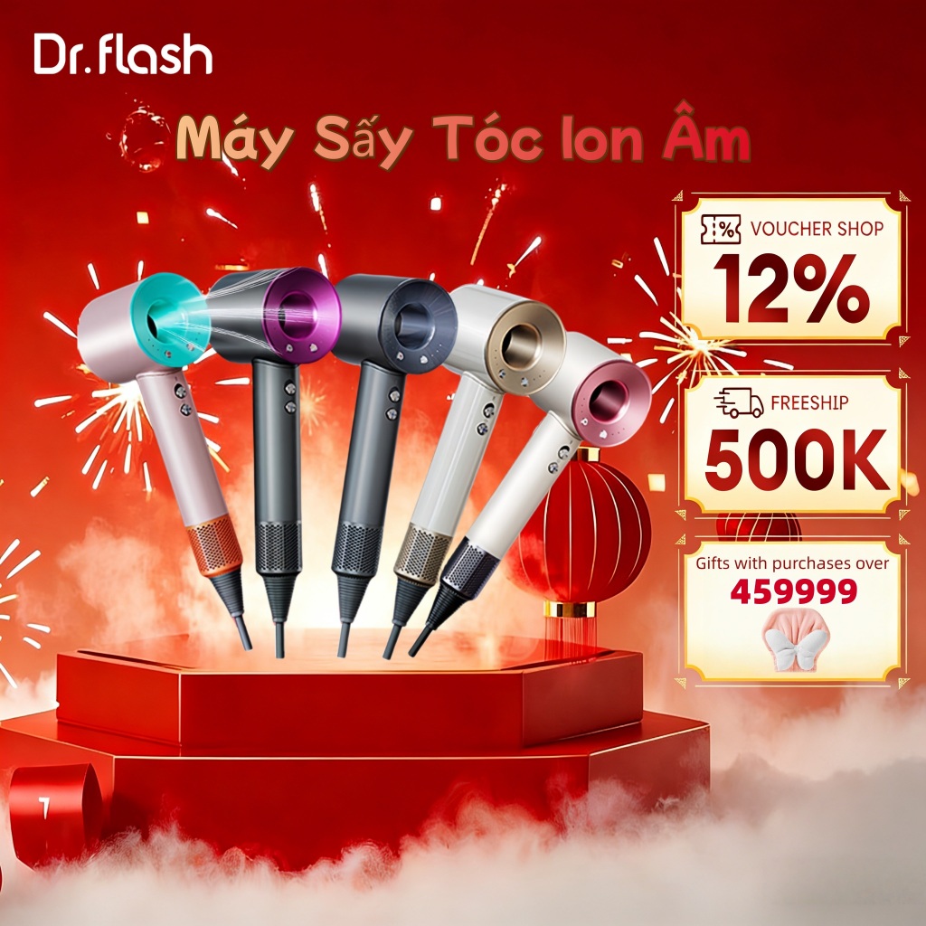 Dr flash Máy sấy tóc ion âm， 2 Chiều Nóng Lạnh 3 Tốc Độ Công Suất Tặng Kèm Đầu Sấy